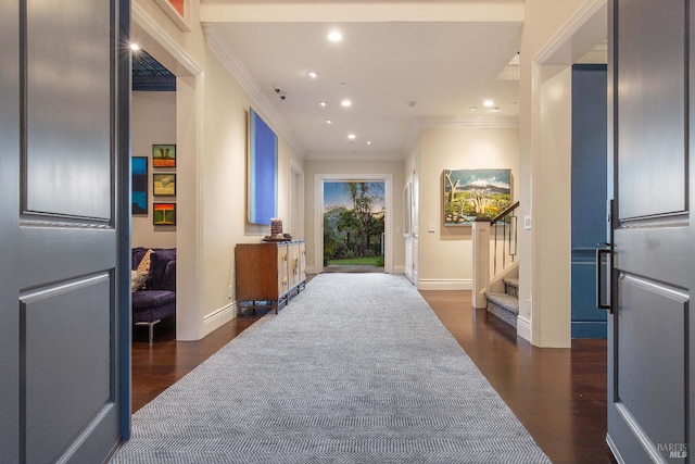 220 Deer Park Ave, San Rafael, CA 94901 - corridor with ornamental molding, dark wood-style flooring, stairs, baseboards, and recessed lighting