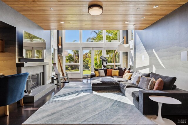 220 Deer Park Ave, San Rafael, CA 94901 - living room with wood ceiling, a glass covered fireplace, recessed lighting, and wood finished floors
