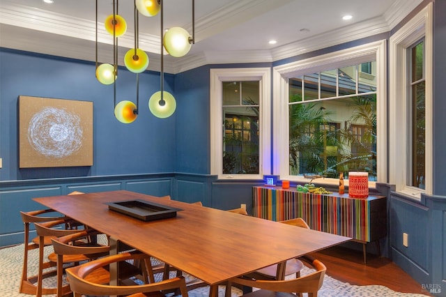 220 Deer Park Ave, San Rafael, CA 94901 - dining space featuring crown molding, a decorative wall, wood finished floors, and wainscoting