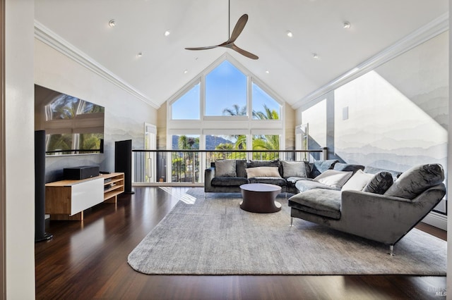 220 Deer Park Ave, San Rafael, CA 94901 - living area featuring high vaulted ceiling, wood finished floors, and ceiling fan
