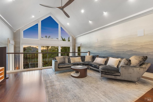 220 Deer Park Ave, San Rafael, CA 94901 - living room featuring a ceiling fan, crown molding, wood finished floors, and high vaulted ceiling