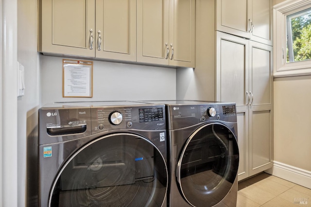 220 Deer Park Ave, San Rafael, CA 94901 - clothes washing area with cabinet space, washer and dryer, tile patterned flooring, and baseboards