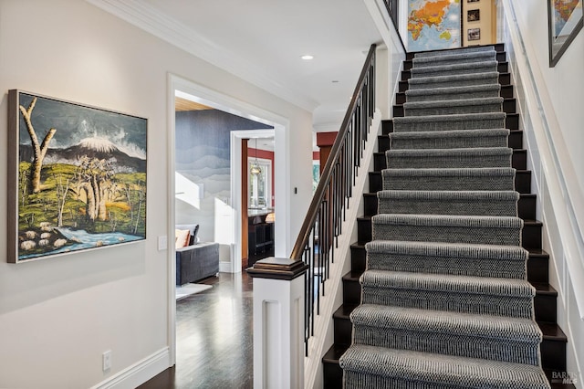 220 Deer Park Ave, San Rafael, CA 94901 - stairway with ornamental molding, wood finished floors, baseboards, and recessed lighting