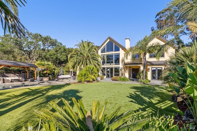 220 Deer Park Ave, San Rafael, CA 94901 - view of grassy yard with french doors, a gazebo, and a patio