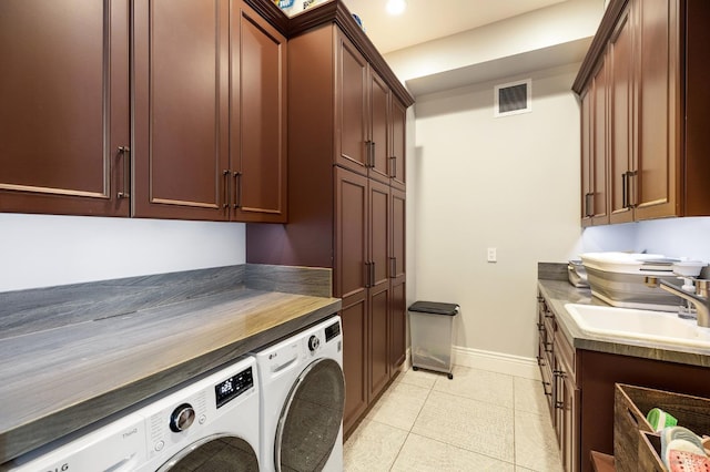220 Deer Park Ave, San Rafael, CA 94901 - laundry room featuring separate washer and dryer, cabinet space, baseboards, light tile patterned flooring, and recessed lighting