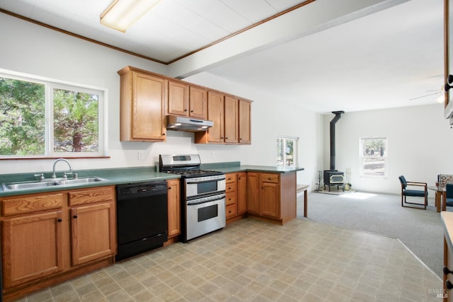 12321 Big Springs Blvd, Old Station, CA 96071 - kitchen featuring dishwasher, range with two ovens, a wood stove, under cabinet range hood, and a sink