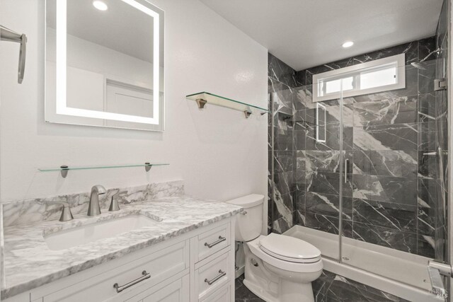 1549 Trellis Ln, Petaluma, CA 94954 - full bathroom featuring recessed lighting, toilet, marble finish floor, vanity, and a marble finish shower