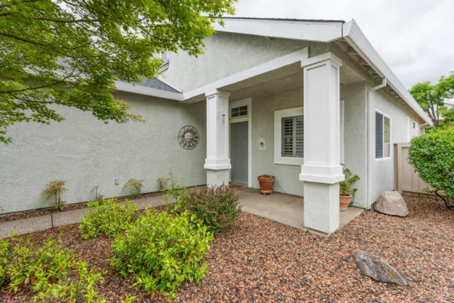 view of exterior entry with stucco siding