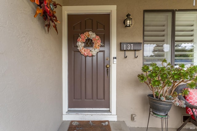 view of exterior entry featuring stucco siding