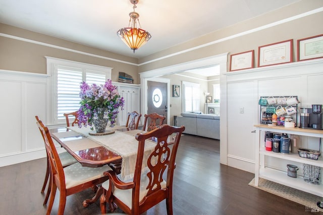 dining room with a wainscoted wall, dark wood-type flooring, and a decorative wall