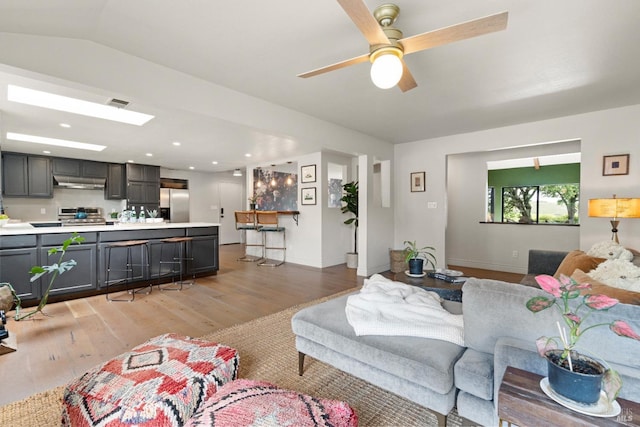 2265 Schaeffer Rd, Sebastopol, CA 95472 - living room featuring baseboards, light wood-style flooring, a ceiling fan, and recessed lighting