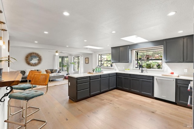 2265 Schaeffer Rd, Sebastopol, CA 95472 - kitchen with stainless steel dishwasher, a skylight, a peninsula, and light wood-style floors