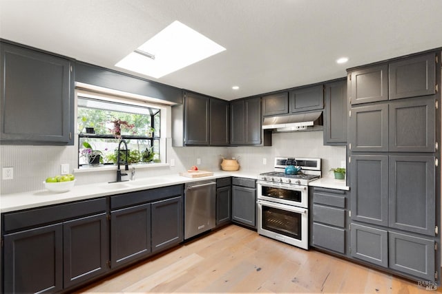 2265 Schaeffer Rd, Sebastopol, CA 95472 - kitchen with stainless steel appliances, under cabinet range hood, light wood finished floors, a sink, and light countertops