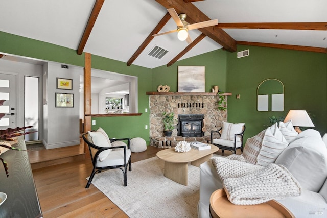 2265 Schaeffer Rd, Sebastopol, CA 95472 - living area with ceiling fan, lofted ceiling with beams, visible vents, and wood finished floors