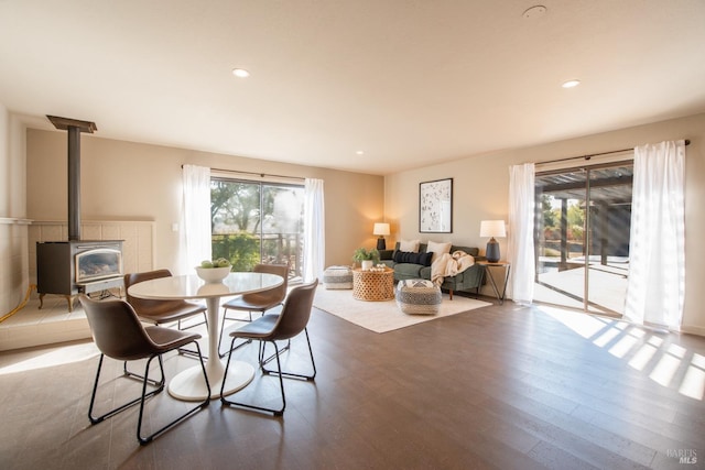 2265 Schaeffer Rd, Sebastopol, CA 95472 - dining room with a wood stove, recessed lighting, and wood finished floors