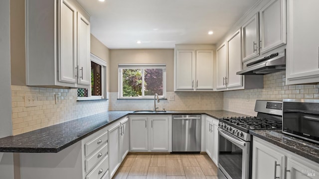 3087 Pecan Cir, Fairfield, CA 94533 - kitchen with under cabinet range hood, a sink, backsplash, stainless steel appliances, and dark stone counters