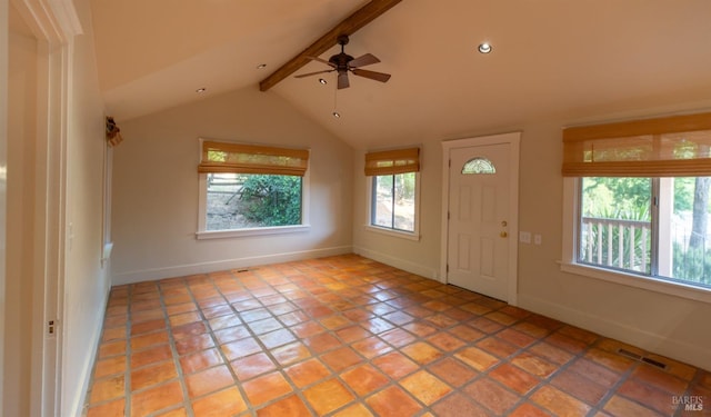 104 Rose Ln, Napa, CA 94574 - foyer entrance with visible vents, baseboards, ceiling fan, and vaulted ceiling with beams