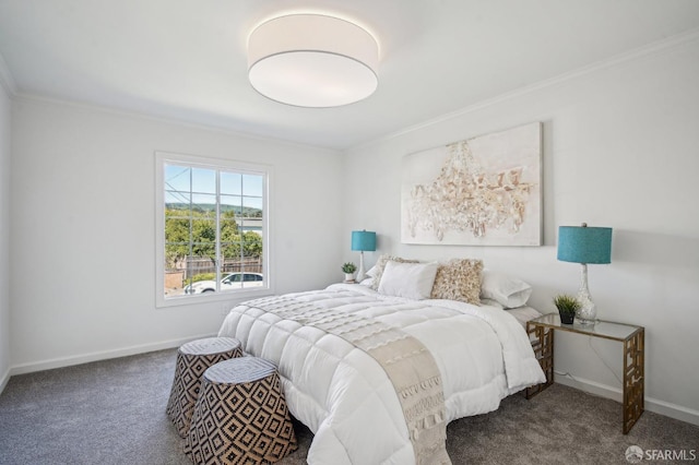 carpeted bedroom with crown molding and baseboards