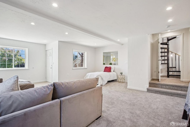 living area featuring recessed lighting, stairs, carpet flooring, and baseboards