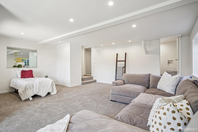 living room featuring carpet, recessed lighting, baseboards, and stairs