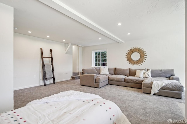 bedroom featuring carpet, recessed lighting, baseboards, and beamed ceiling