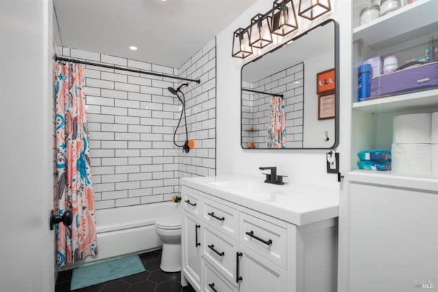 full bath with recessed lighting, shower / bath combo with shower curtain, toilet, tile patterned flooring, and vanity