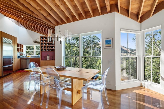 dining room with an inviting chandelier, wood finished floors, wood ceiling, and a wealth of natural light