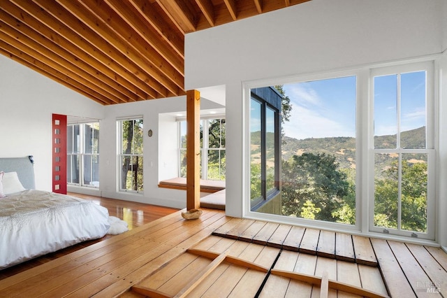 sunroom / solarium with vaulted ceiling, a wooden deck, hardwood / wood-style floors, and a healthy amount of sunlight