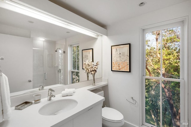 full bathroom featuring vanity, toilet, and a shower stall