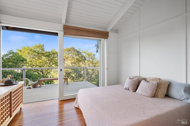 bedroom with wooden ceiling, hardwood / wood-style flooring, access to outside, and vaulted ceiling with beams