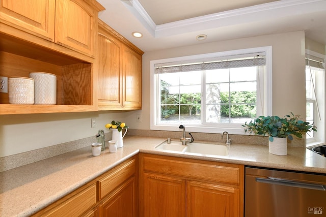 2555 Edgewater Dr, Napa, CA 94558 - kitchen featuring a sink, recessed lighting, crown molding, light countertops, and stainless steel dishwasher