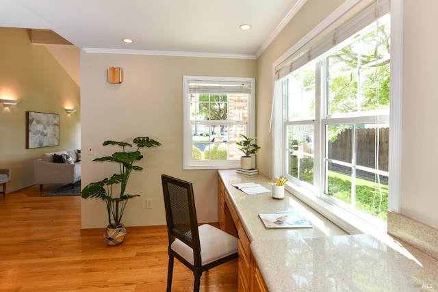 2555 Edgewater Dr, Napa, CA 94558 - dining area with light wood finished floors, crown molding, and recessed lighting