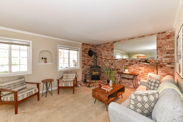 2555 Edgewater Dr, Napa, CA 94558 - living area with a wood stove, carpet flooring, baseboards, and ornamental molding