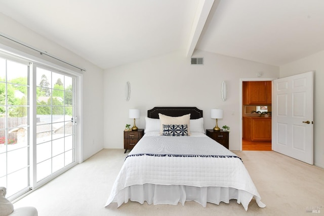2555 Edgewater Dr, Napa, CA 94558 - bedroom with light colored carpet, visible vents, vaulted ceiling with beams, and access to exterior