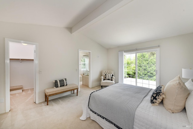 2555 Edgewater Dr, Napa, CA 94558 - bedroom featuring light carpet, ensuite bath, vaulted ceiling with beams, and a walk in closet