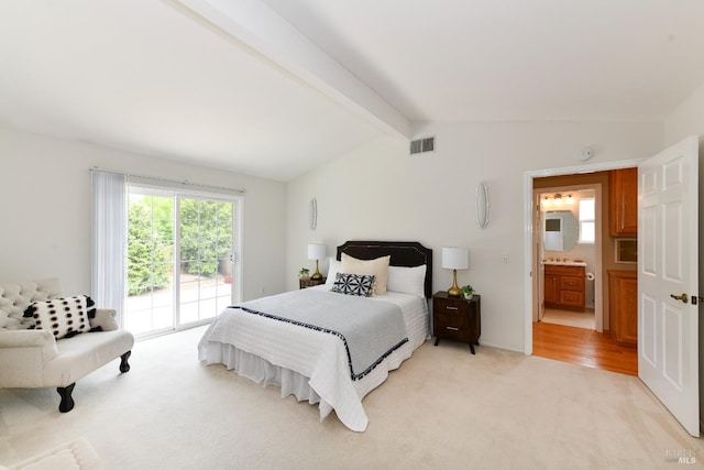 2555 Edgewater Dr, Napa, CA 94558 - bedroom with lofted ceiling with beams, visible vents, light colored carpet, and access to exterior