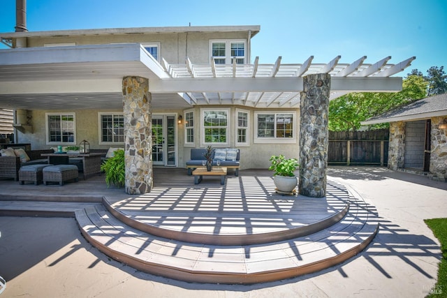 2555 Edgewater Dr, Napa, CA 94558 - rear view of house featuring fence, french doors, stucco siding, an outdoor living space, and a pergola