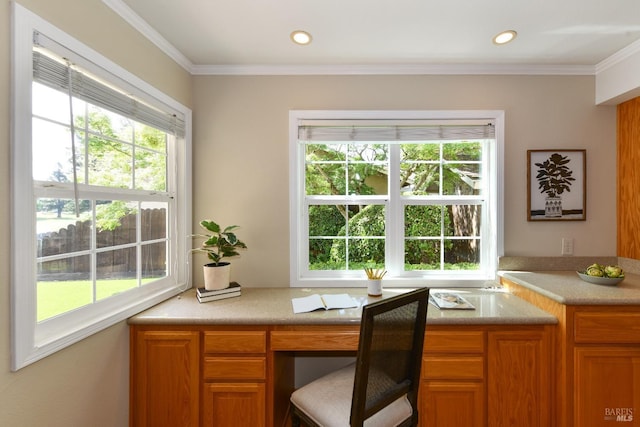 2555 Edgewater Dr, Napa, CA 94558 - home office with ornamental molding, built in study area, recessed lighting, and plenty of natural light