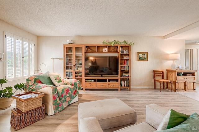 living area featuring a textured ceiling, baseboards, and wood finished floors