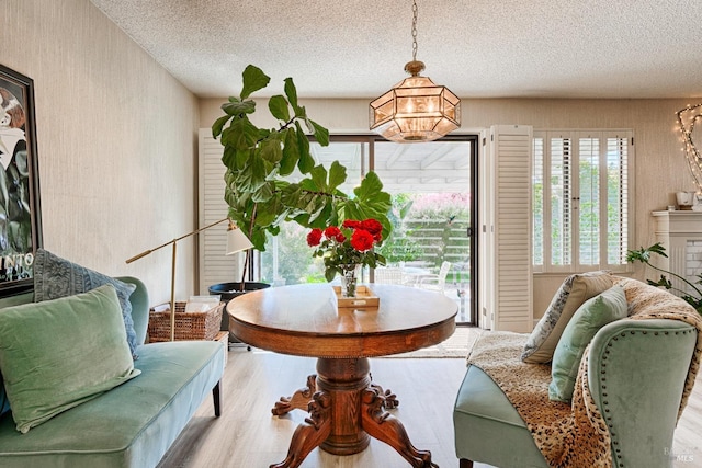 dining space featuring a textured ceiling and wood finished floors
