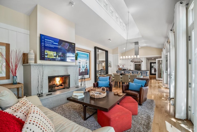 living area featuring vaulted ceiling, wood finished floors, and a premium fireplace