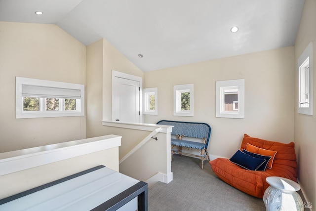 carpeted bedroom featuring multiple windows, lofted ceiling, and recessed lighting