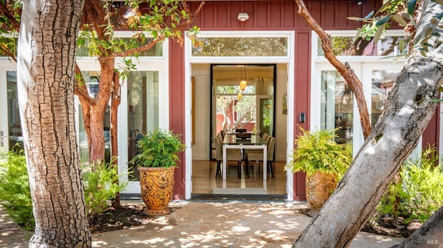 property entrance with board and batten siding