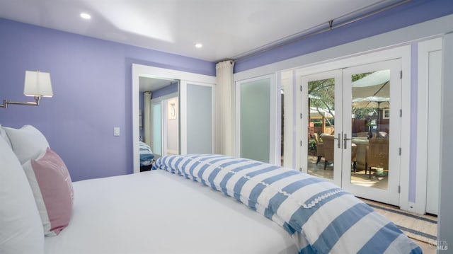 bedroom with access to outside, french doors, and recessed lighting