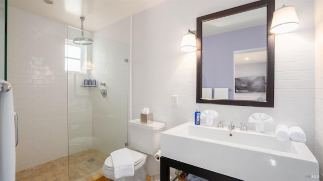 bathroom featuring vanity, toilet, and a shower stall