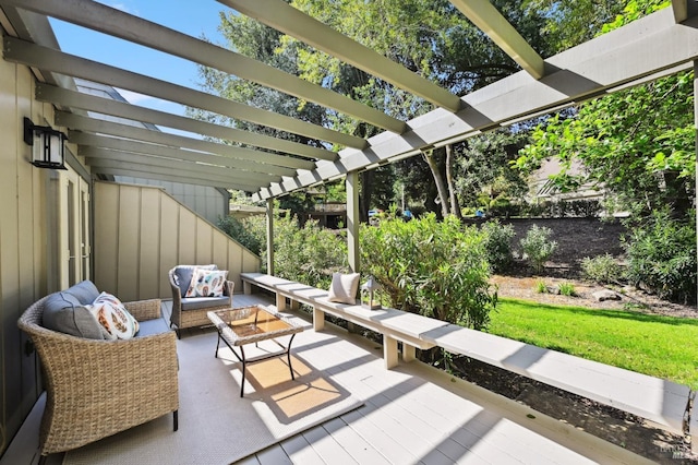 view of patio / terrace featuring a pergola, fence, and an outdoor living space
