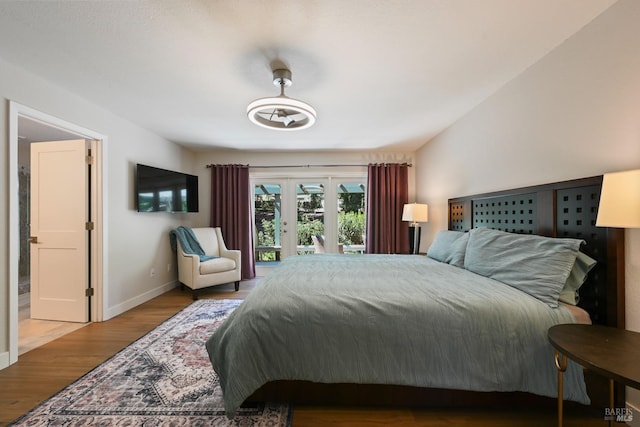 bedroom with access to outside, baseboards, french doors, and wood finished floors