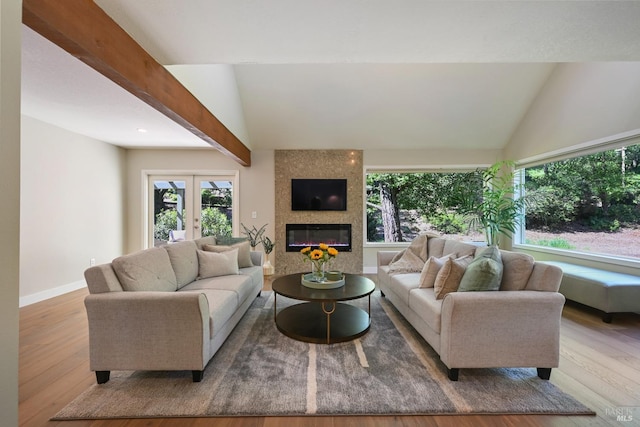 living room with wood finished floors, plenty of natural light, and vaulted ceiling