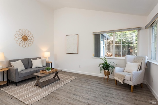 living area featuring wood finished floors, baseboards, and high vaulted ceiling