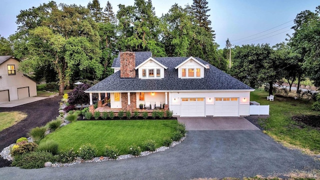 1071 Bale Ln, Calistoga, CA 94515 - cape cod home featuring a chimney, a front lawn, a porch, driveway, and a shingled roof